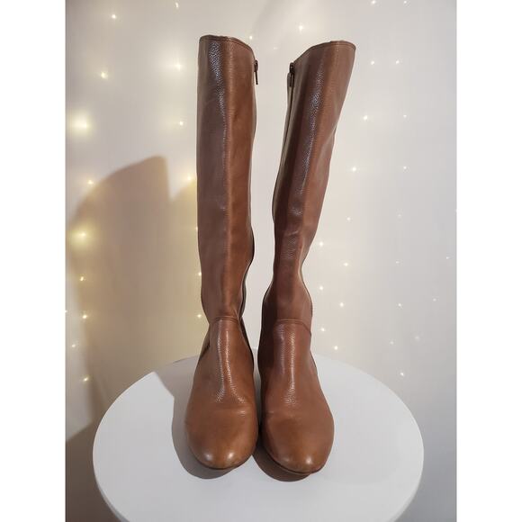 Corso Como Doyle Tall Leather Wedge Riding Boots Size 7 Tan Double Zip Knee High - Picture 2 of 9